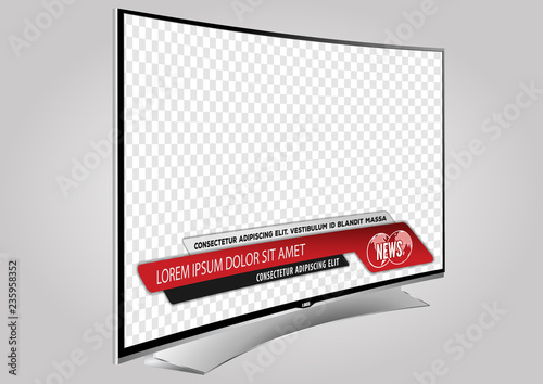 Curved TV screen lcd, plasma with news bars for Video headline title or lower third. Isolated on transparent background. Mock Up Template.