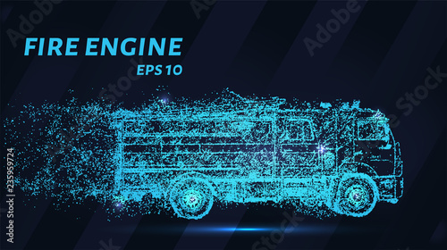 Fire truck of blue glowing dots. A fire truck is made up of particles. Vector illustration.