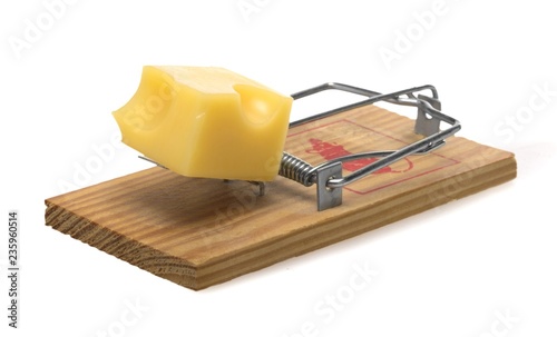 Mouse Trap Baited with a Piece of Cheese, Isolated on White