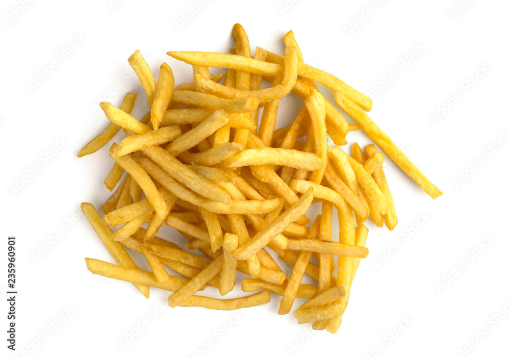 French fries on a white background. A pile of finished french fries close-up on a white background. French fries on a white background. A pile of finished french fries close-up on a white background.