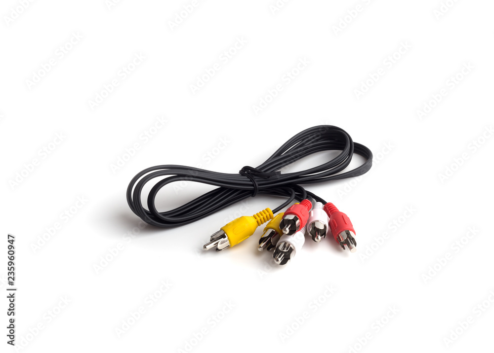 RCA cable on a white background. Twisted cable with RCA connector close up on a white background. RCA cable on a white background. Twisted cable with RCA connector close up on a white background.