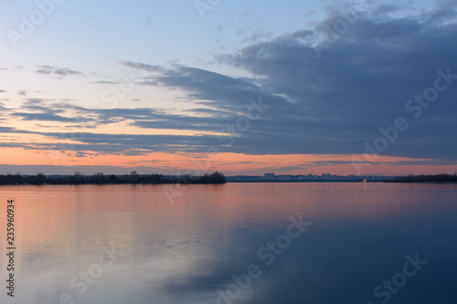Sunset over the Dnipro river in Kyiv, Ukraine in the early spring