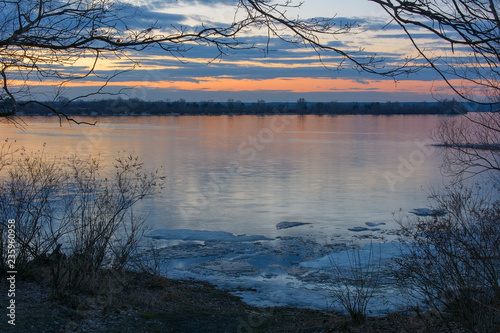 Sunset over the Dnipro river in Kyiv  Ukraine in the early spring