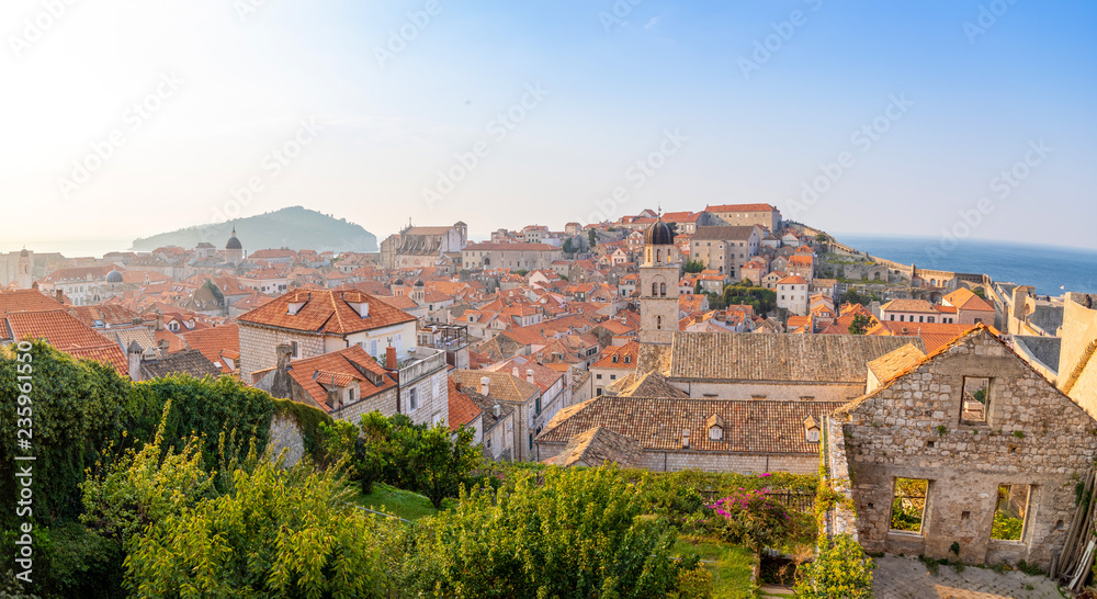 View of Dubrovnik red roofs in Croatia at sunset light