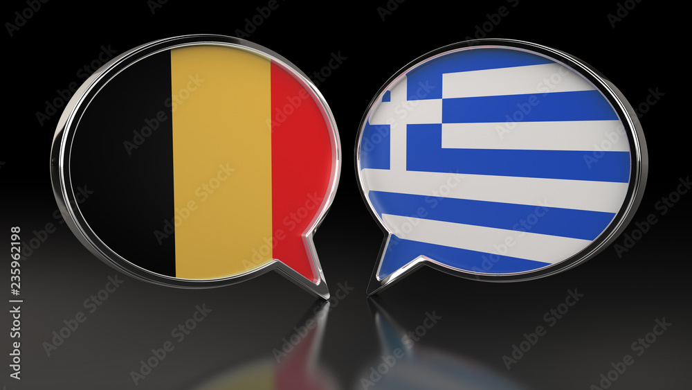 Fototapeta premium Belgium and Greece flags with Speech Bubbles. 3D illustration