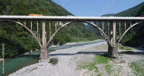 bridge for cars Abkhazia nature. Gumista river Aerial view resort town Gagra, Abkhazia, Georgia photo