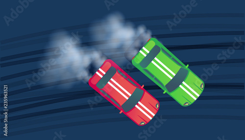 Sport car drifting on race track. Motorsport competition. Top view vector illustration.