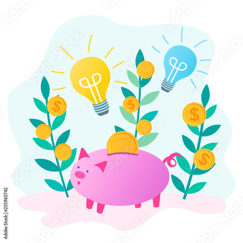 Piggybank save money and glowing bulbs as a symbol of new ideas and solutions.