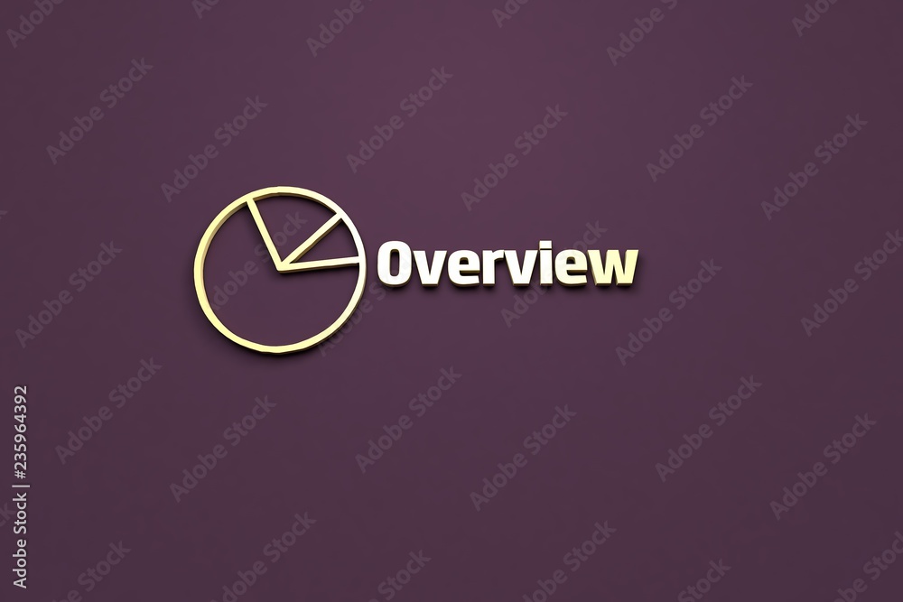 Obraz premium 3D illustration of Overview, yellow color and yellow text with violet background.