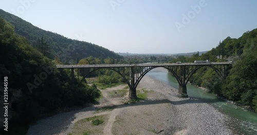 bridge for cars Abkhazia nature. Gumista river Aerial view resort town Gagra, Abkhazia, Georgia photo
