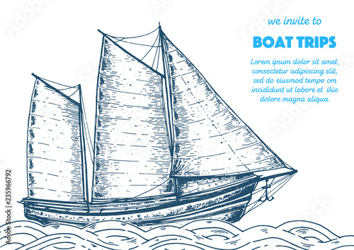 Sail ship hand drawn sketch. Nautical vector illustration. Sea design template.