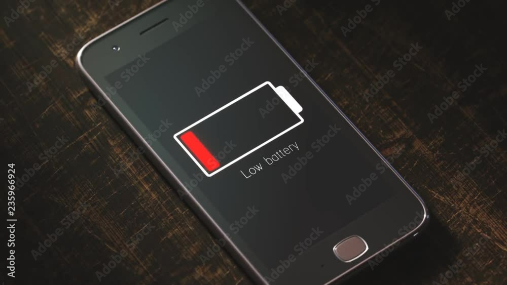 Generic smartphone with flashing low battery symbol. The battery is exhausted.