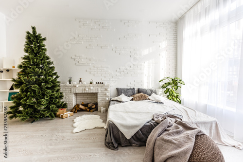 Decor white room with bed new year Christmas gifts