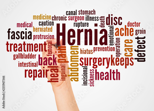 Hernia word cloud and hand with marker concept photo