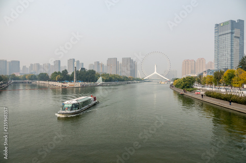 Tientsin Eye and modern buildings by RIver Haihe in Tianjin