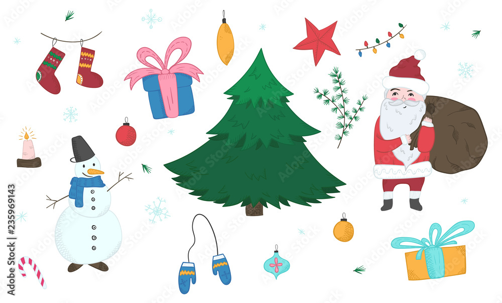 Cute big colorful collection of doodle light outline Christmas elements including fir, Snowman, Santa Claus, giftboxes, mittens, stocking for new year banner design, labels, coloring books, kids apps Cute big colorful collection of doodle light outline Christmas elements including fir, Snowman, Santa Claus, giftboxes, mittens, stocking for new year banner design, labels, coloring books, kids apps