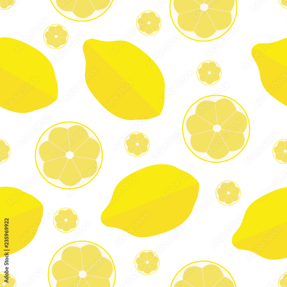 Fruit seamless background of bright light yellow whole lemons and round slices on a white background. Flat endless texture for wrapping, textile, paper. Food packaging design