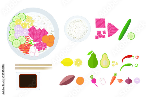 Tuna poke bfrowl and set of ingredients vegetable and fruit and plate of soy sauce and sticks for meal. Flat avocado, cucumber, carrot, pepper, rice, tuna, lemon, radish, yam, onion isolated on white