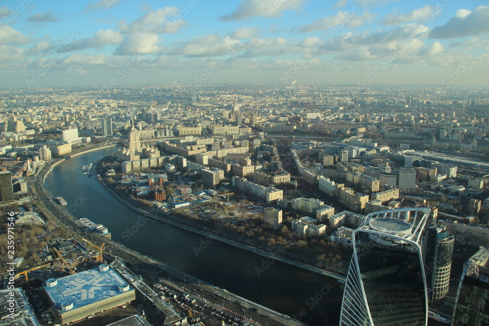 Top view on Moscow from city skyscraper  in sunny november day