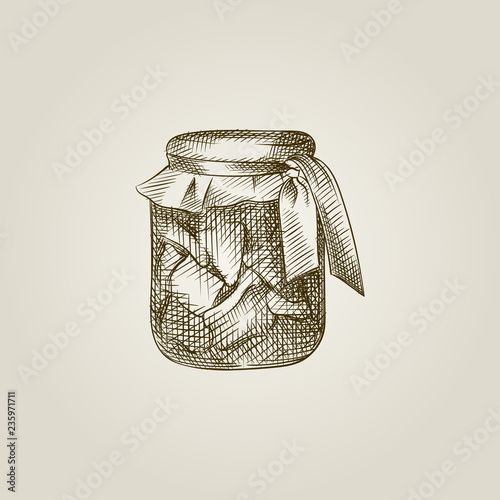 Hand Drawn Jar of Pickled apples Sketch Symbol isolated on white background. Vector glass jar In Trendy Style. Glass canning jars hand drawing sketches elements