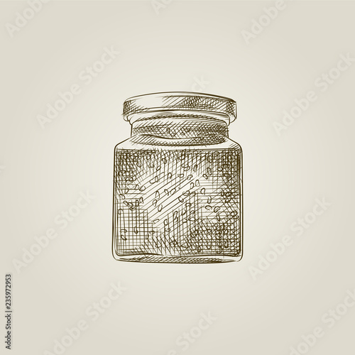 Hand Drawn Berry Jam glass jar Sketch Symbol isolated on old paper background. Vector glass jar In vintage Style. Glass canning jars hand drawing sketches elements