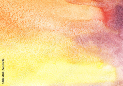 Abstract watercolor background. Saturated gradient from purple to yellow. Hand drawn on a textured paper