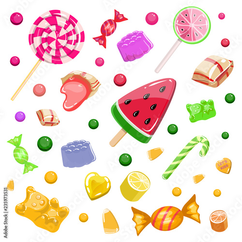 Colorful background with desserts, candies, caramel in beautiful wrapper, marmalade, ice cream, multicolored dragee, lollipop, vector illustration