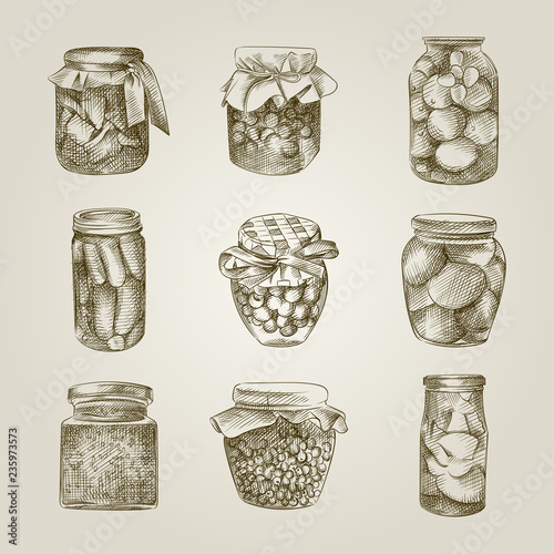 Set of Hand Drawn glass jars of picked vegetables and fruits. Collection Of decorative glass canning jars. Jar Sketches isolated on white background.