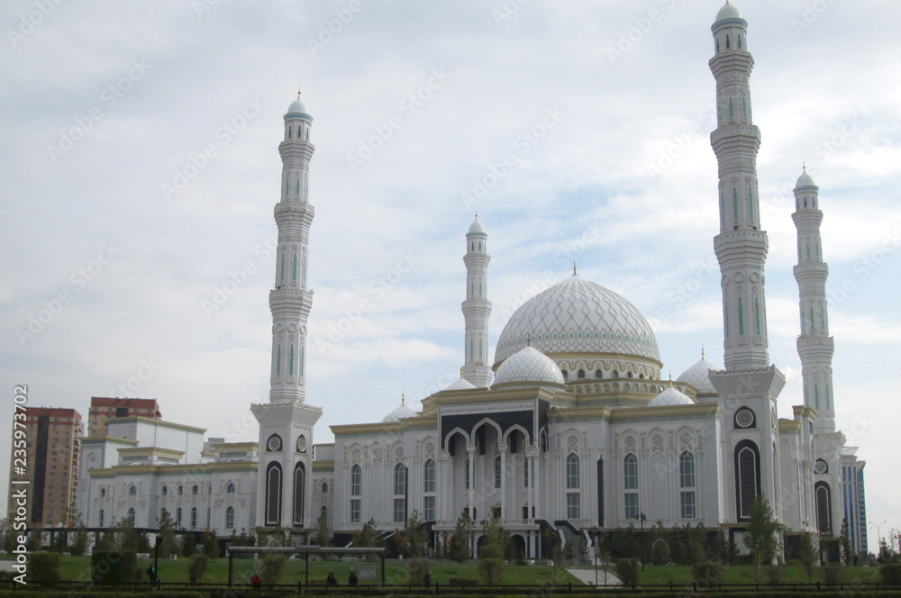 The Hazrat Sultan Mosque in Astana with blue cloudy sky Kazakhstan