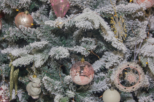 elegant Christmas tree close-up. Christmas tree with toys.