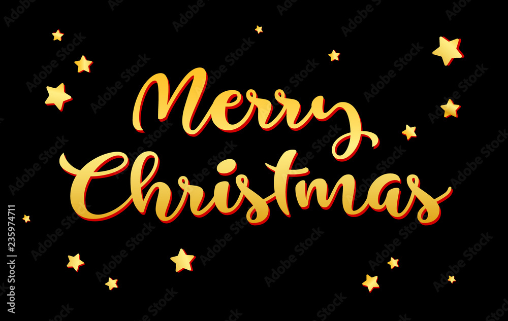 Merry Christmas and Happy New Year 2019 gold on black background, congratulation card, banner, invitation design, template, vector illustration