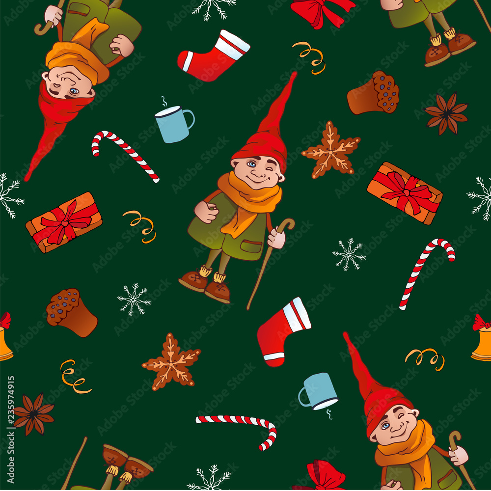 Fototapeta premium New Year's Christmas pattern for print. Little gnome with symbols of the new year, muffins, stars, cake, pastries, star Anise, ginger biscuits, sweets.