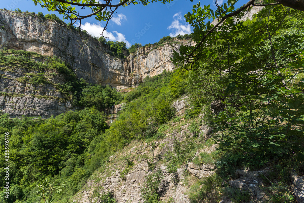 Green forest around Waterfall Skaklya near village of Zasele at Vazov trail, Balkan Mountains, Bulgaria