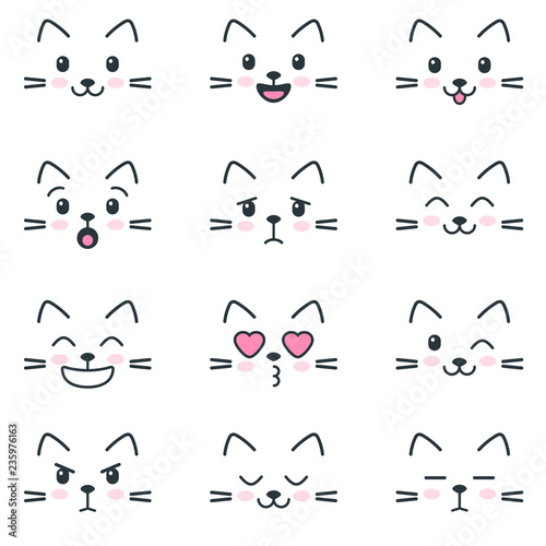 Different emotions of cats on white background