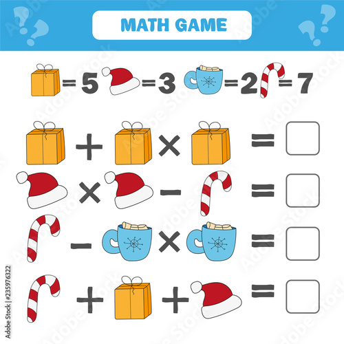 Mathematics educational game for children. Counting equations worksheet