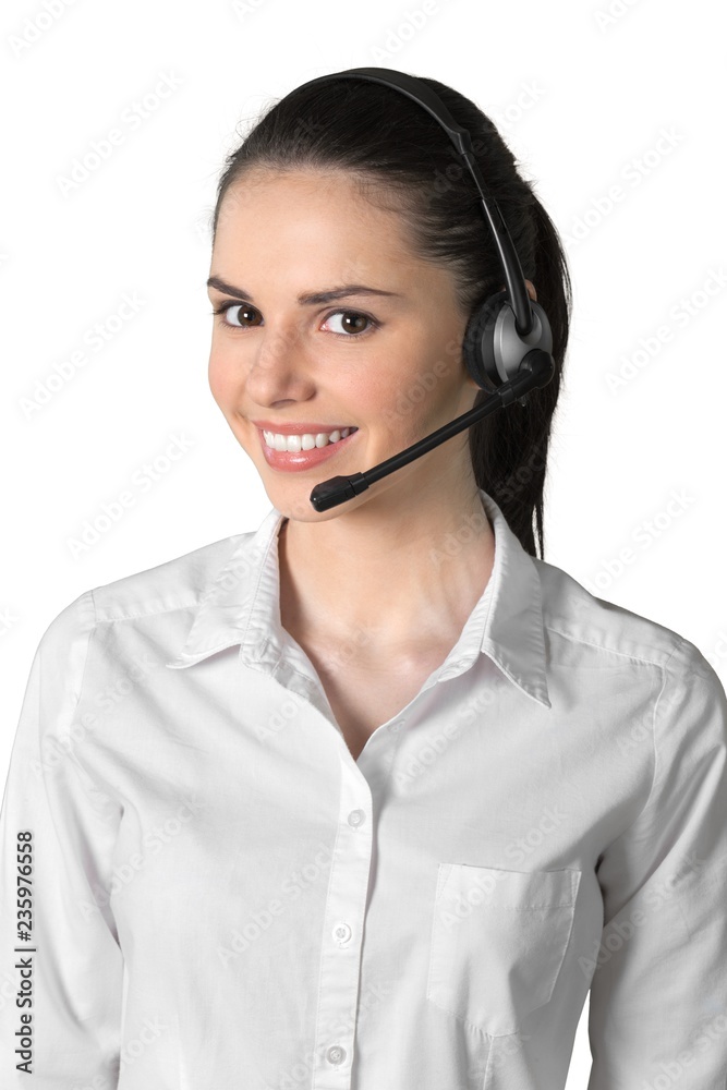 Friendly Woman Talking on Headset - Isolated Friendly Woman Talking on Headset - Isolated