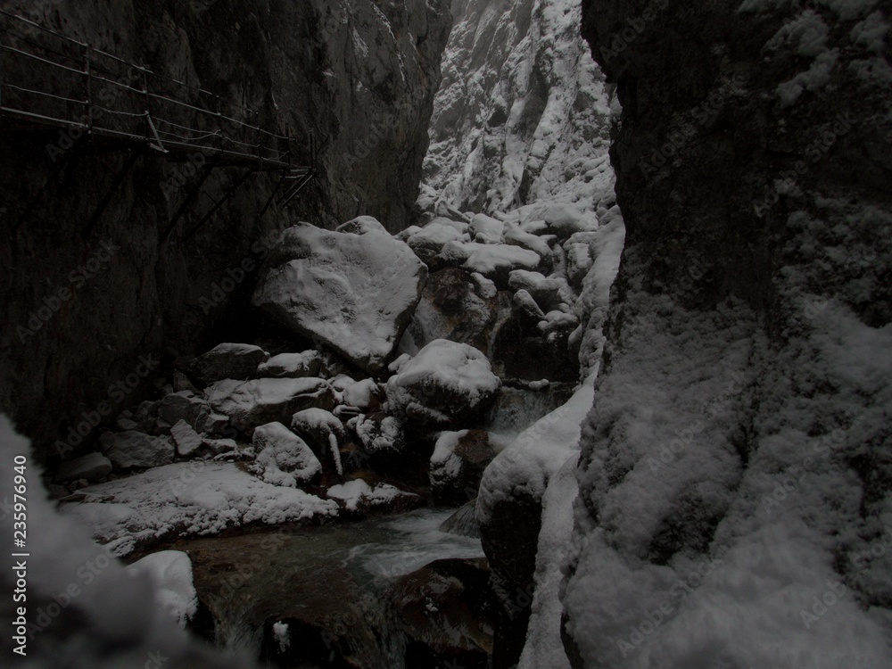 hollentallklamm gorge in winter with snow