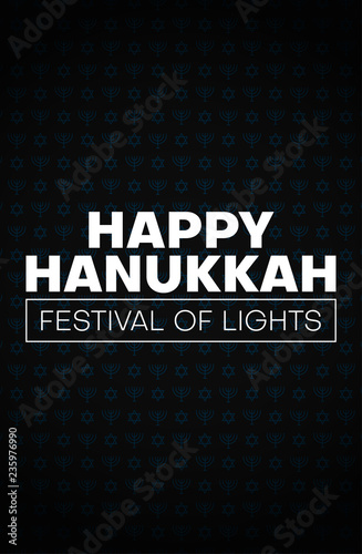 Happy Hanukkah poster with traditional pattern with menorah and stars.