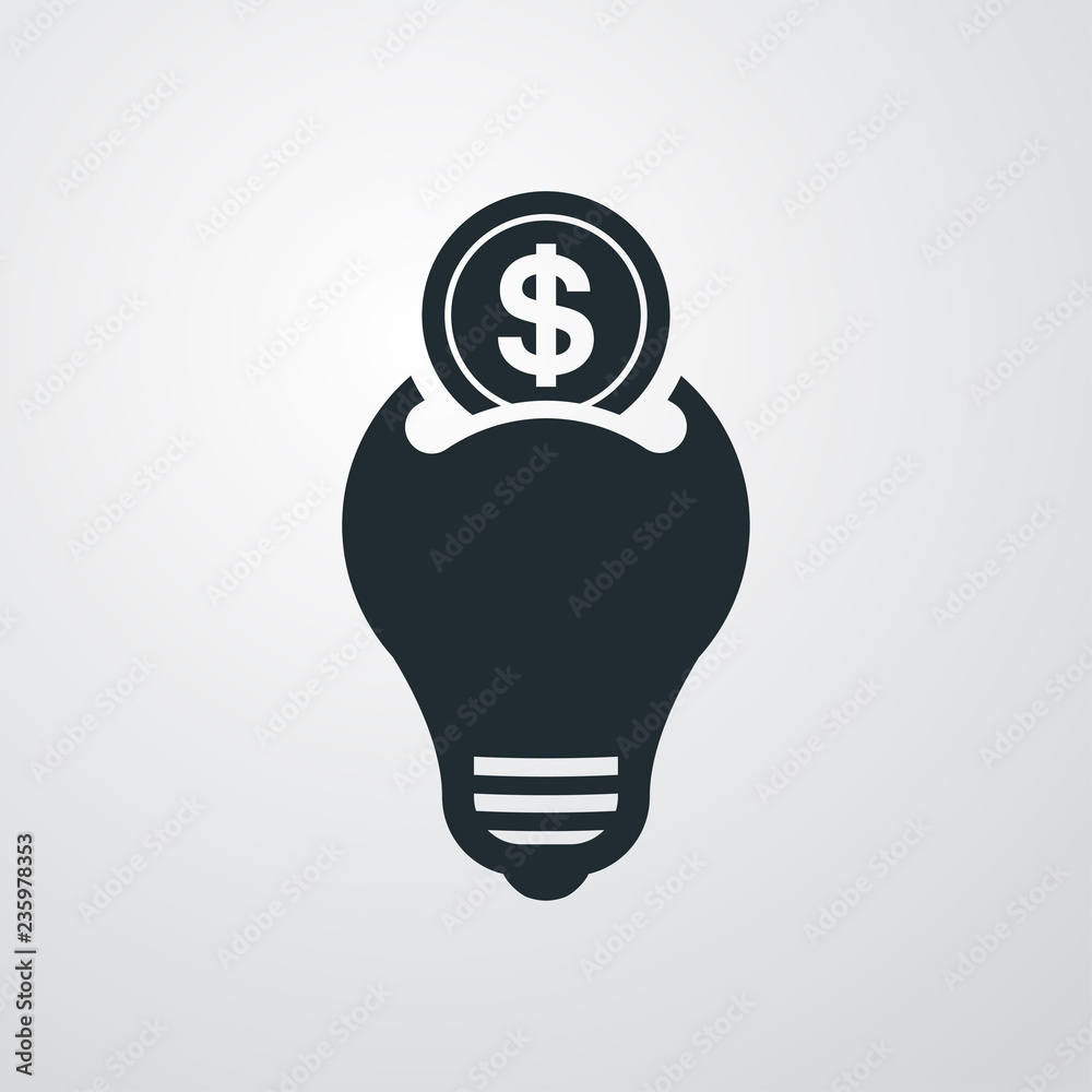 Icono plano bombilla led como hucha con moneda de dólar en fondo gris Icono plano bombilla led como hucha con moneda de dólar en fondo gris