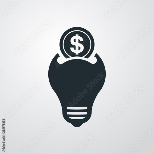 Icono plano bombilla led como hucha con moneda de dólar en fondo gris