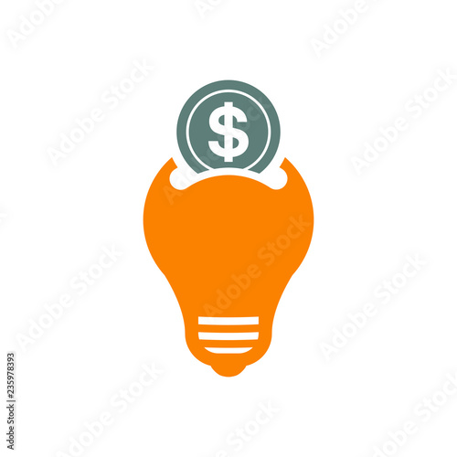 Icono plano bombilla led como hucha con moneda de dólar en gris y naranja