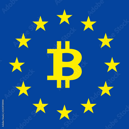 flag of the European Union. Flag of Europe. The European Flag bitcoin in the center. Unity of Europe.