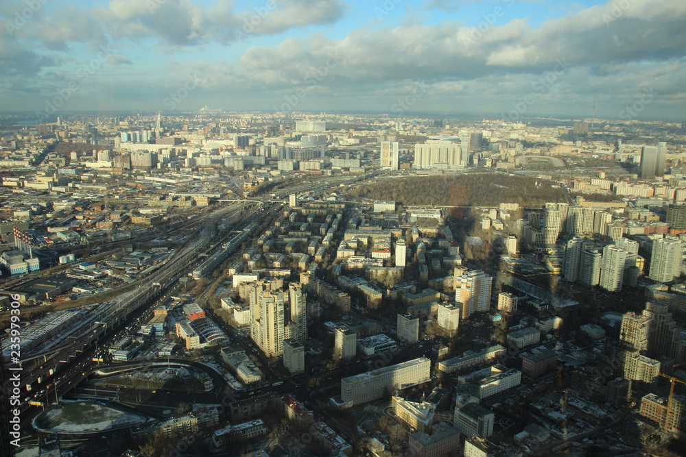 Top view on Moscow from city skyscraper in sunny november day