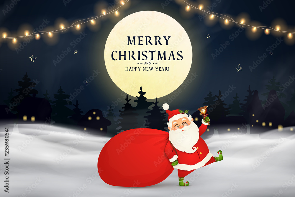 Merry Christmas. Happy new year. Funny Santa Claus with red bag with  presents, gift boxes, christmas tree, jingle bell in christmas snow scene.  Happy Santa Claus cartoon character in winter landscape Stock