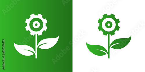 Icono plano engranaje en forma de flor en verde y blanco