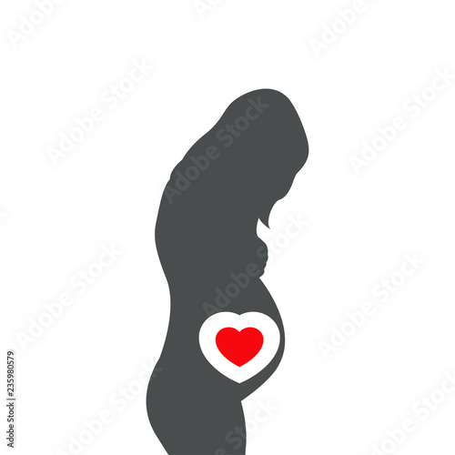 Icono plano silueta mujer embarazada en color gris con corazón en color rojo