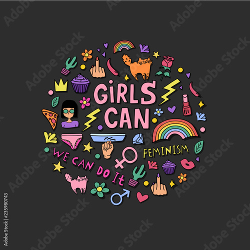 Girly doodles and hand drawn phrases for feminism concept design  girl s t-shirt print. Hand drawn fancy comic feminism slogan in cartoon style. Color vector illustration on black background
