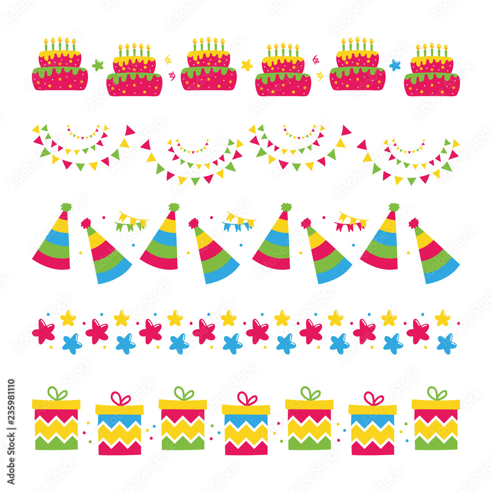 Cute vector cartoon style borders set, collection with birthday cakes, stars, garlands, party hats and gifts for party and birthday design.