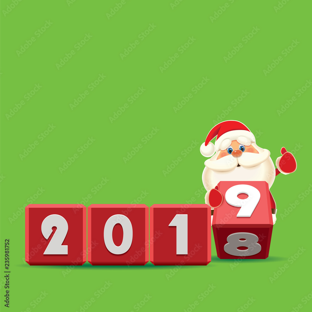 Santa Claus changing date from 2018 to 2019 rotating cubes with numbers isolated on a green background Santa Claus changing date from 2018 to 2019 rotating cubes with numbers isolated on a green background