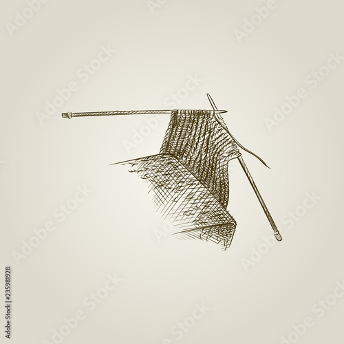 Hand Drawn knitting wool and knitting needles Sketch Symbol isolated on old paper background. Vector of Knitting In vintage Style